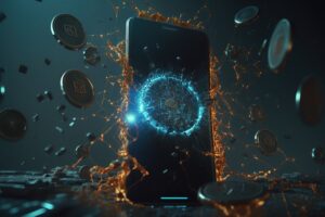 Generated AI cryptocurrency background with smartphone crash and coins