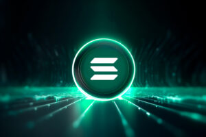 Solana virtual currency is depicted against a digital backdrop. Illustrated using three-dimensional graphics.